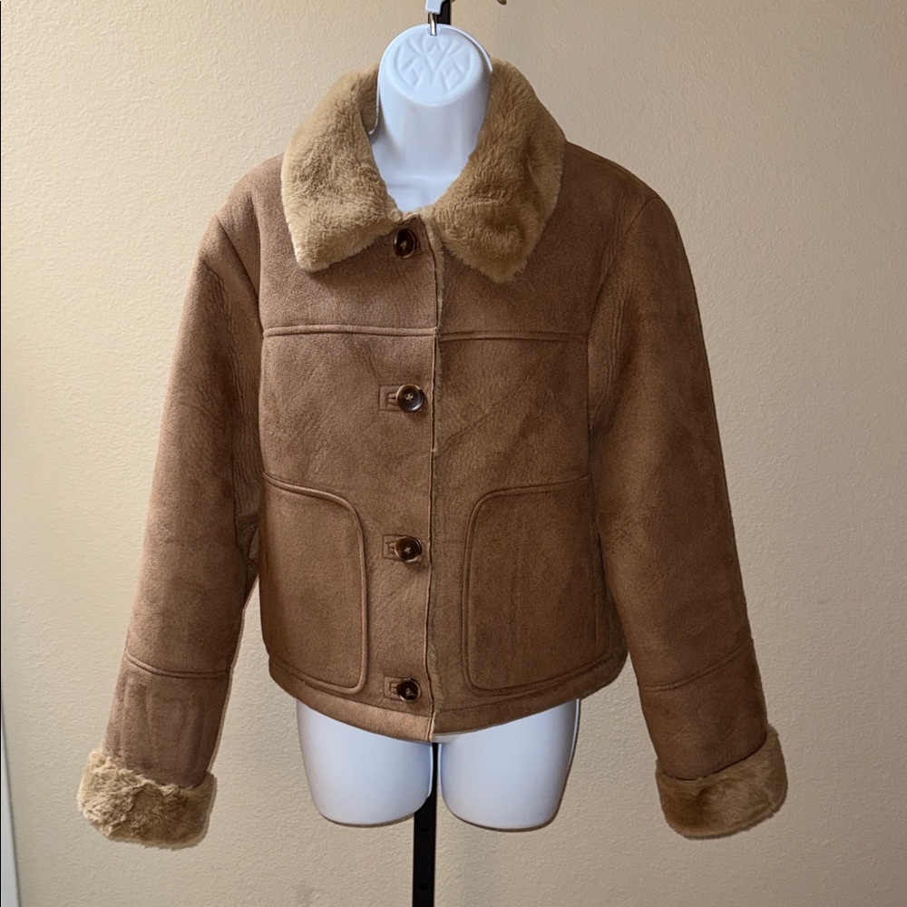 Zara Viral Double Faced Faux Suede Fur Cropped Jacket Tan Women’s Size L